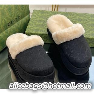 Good Quality Gucci GG Canvas and Wool Platform Mules 5.5cm Black 014049