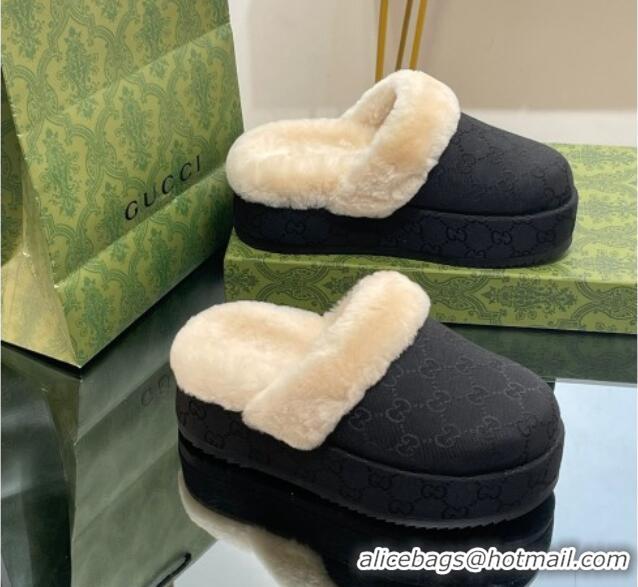 Good Quality Gucci GG Canvas and Wool Platform Mules 5.5cm Black 014049