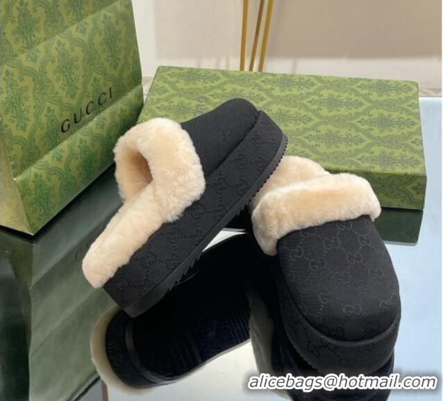 Good Quality Gucci GG Canvas and Wool Platform Mules 5.5cm Black 014049