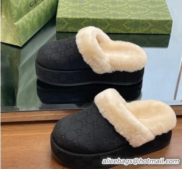 Good Quality Gucci GG Canvas and Wool Platform Mules 5.5cm Black 014049