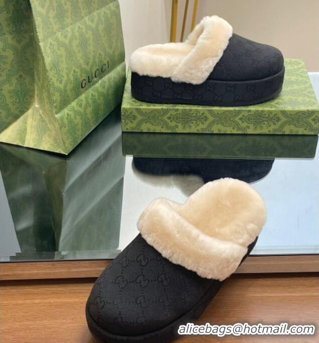 Good Quality Gucci GG Canvas and Wool Platform Mules 5.5cm Black 014049