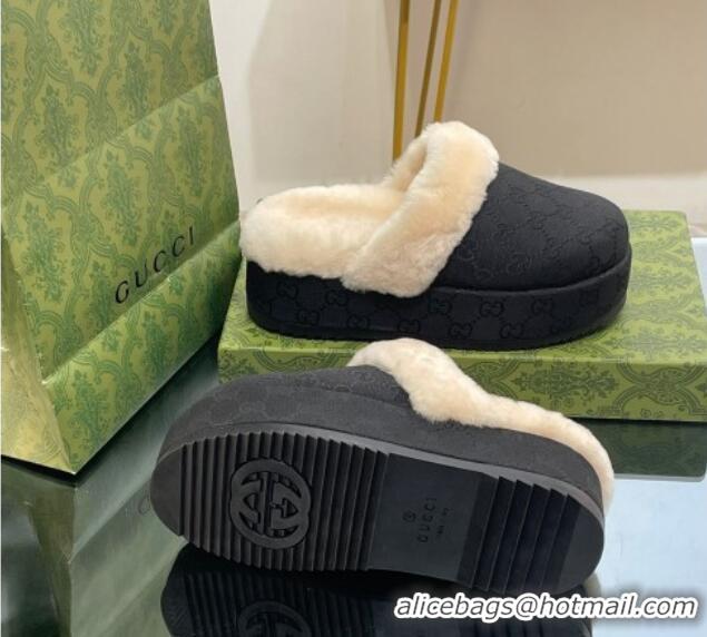 Good Quality Gucci GG Canvas and Wool Platform Mules 5.5cm Black 014049