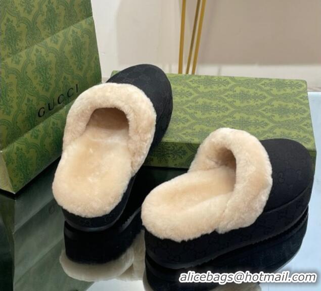 Good Quality Gucci GG Canvas and Wool Platform Mules 5.5cm Black 014049