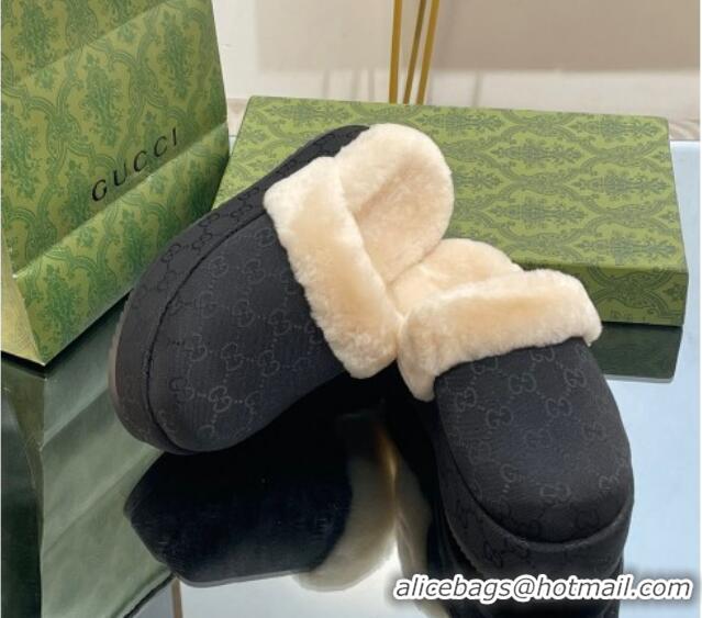 Good Quality Gucci GG Canvas and Wool Platform Mules 5.5cm Black 014049