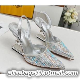 Good Taste Fendi First High Heel Slingback Pumps 9.5cm in Crystals Silver 0703121