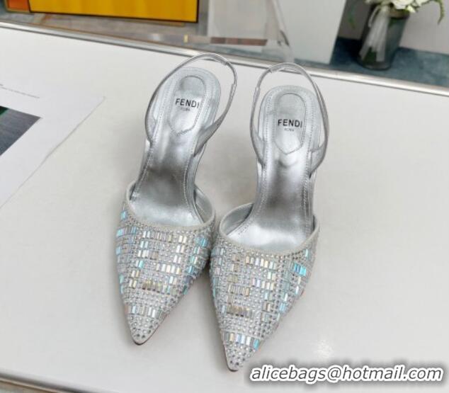 Good Taste Fendi First High Heel Slingback Pumps 9.5cm in Crystals Silver 0703121