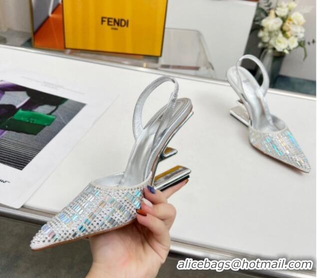 Good Taste Fendi First High Heel Slingback Pumps 9.5cm in Crystals Silver 0703121