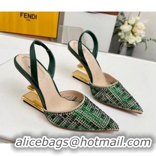 Cheap Design Fendi First High Heel Slingback Pumps 9.5cm in Crystals Green 703123