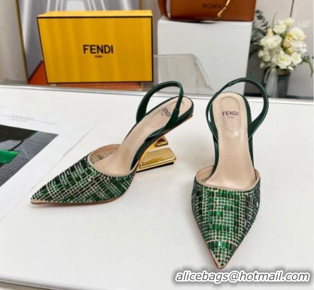 Cheap Design Fendi First High Heel Slingback Pumps 9.5cm in Crystals Green 703123