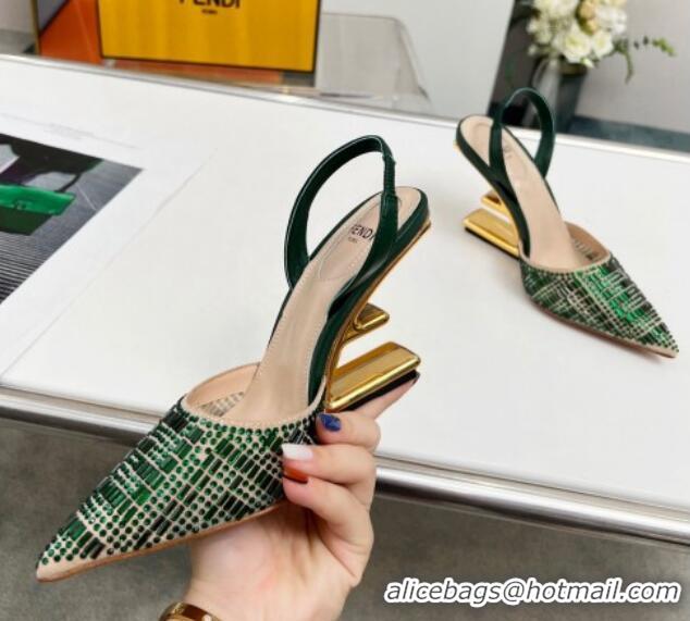 Cheap Design Fendi First High Heel Slingback Pumps 9.5cm in Crystals Green 703123