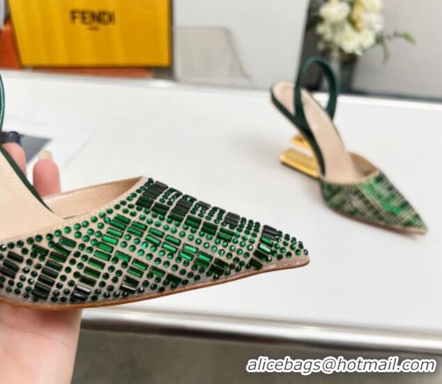 Cheap Design Fendi First High Heel Slingback Pumps 9.5cm in Crystals Green 703123