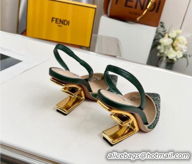 Cheap Design Fendi First High Heel Slingback Pumps 9.5cm in Crystals Green 703123