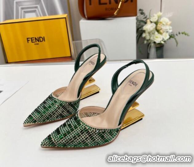 Cheap Design Fendi First High Heel Slingback Pumps 9.5cm in Crystals Green 703123