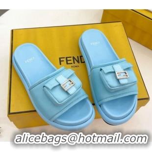 Affordable Price Fendi Baguette Pouch Fabric Flat Slide Sandals Light Blue 703125