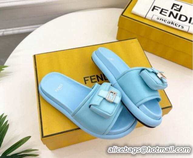 Affordable Price Fendi Baguette Pouch Fabric Flat Slide Sandals Light Blue 703125