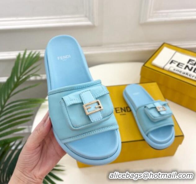 Affordable Price Fendi Baguette Pouch Fabric Flat Slide Sandals Light Blue 703125