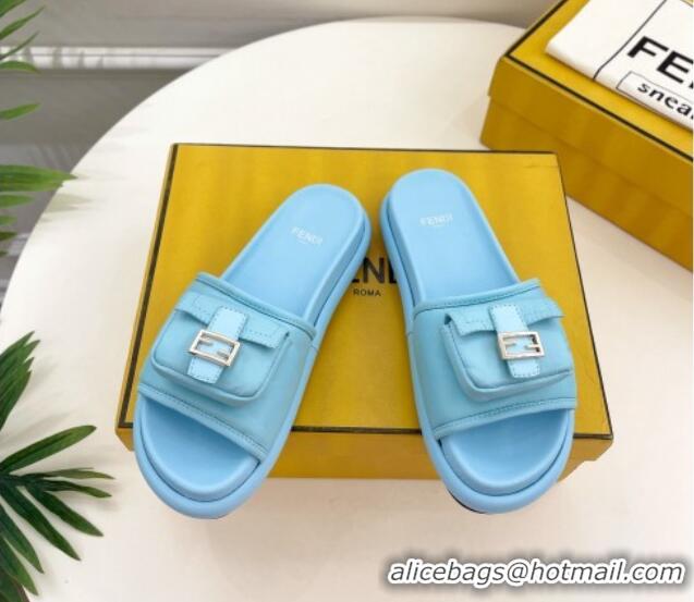 Affordable Price Fendi Baguette Pouch Fabric Flat Slide Sandals Light Blue 703125