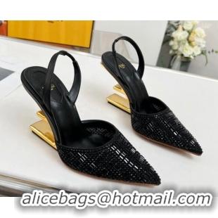 Top Quality Fendi First High Heel Slingback Pumps 9.5cm in Crystals Black 703124