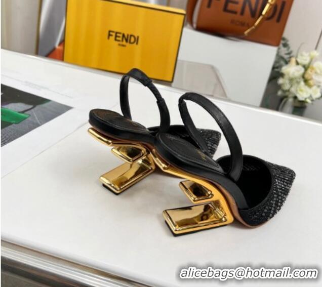 Top Quality Fendi First High Heel Slingback Pumps 9.5cm in Crystals Black 703124