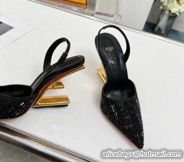 Top Quality Fendi First High Heel Slingback Pumps 9.5cm in Crystals Black 703124