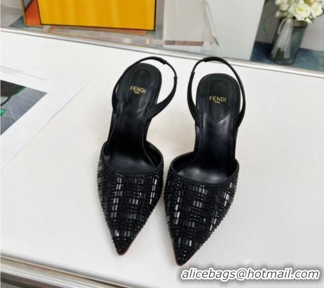 Top Quality Fendi First High Heel Slingback Pumps 9.5cm in Crystals Black 703124