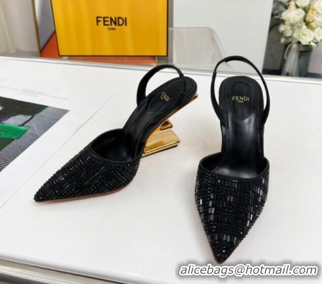 Top Quality Fendi First High Heel Slingback Pumps 9.5cm in Crystals Black 703124