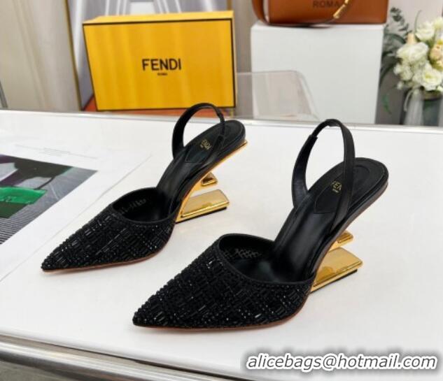 Top Quality Fendi First High Heel Slingback Pumps 9.5cm in Crystals Black 703124