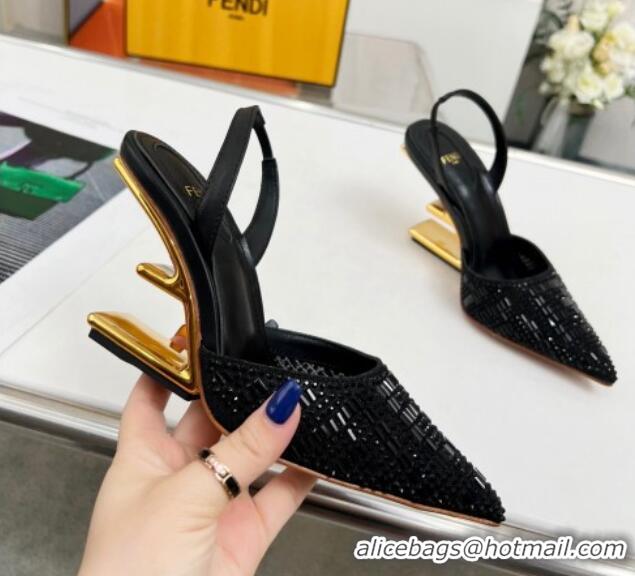 Top Quality Fendi First High Heel Slingback Pumps 9.5cm in Crystals Black 703124