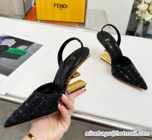 Top Quality Fendi First High Heel Slingback Pumps 9.5cm in Crystals Black 703124