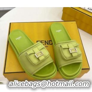 New Design Fendi Baguette Pouch Fabric Flat Slide Sandals Lime Green 703126