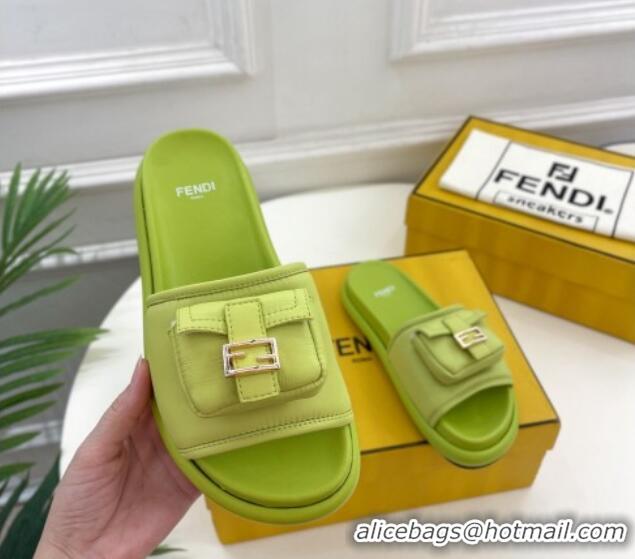 New Design Fendi Baguette Pouch Fabric Flat Slide Sandals Lime Green 703126