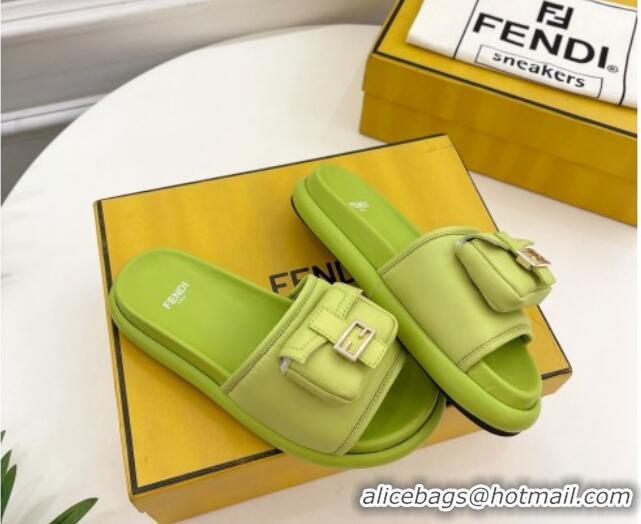 New Design Fendi Baguette Pouch Fabric Flat Slide Sandals Lime Green 703126