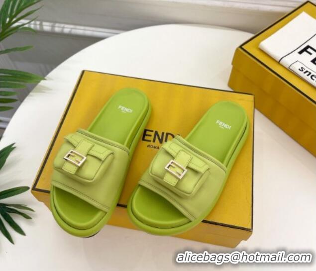 New Design Fendi Baguette Pouch Fabric Flat Slide Sandals Lime Green 703126