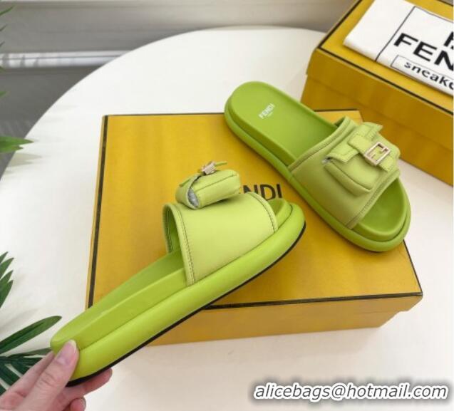 New Design Fendi Baguette Pouch Fabric Flat Slide Sandals Lime Green 703126