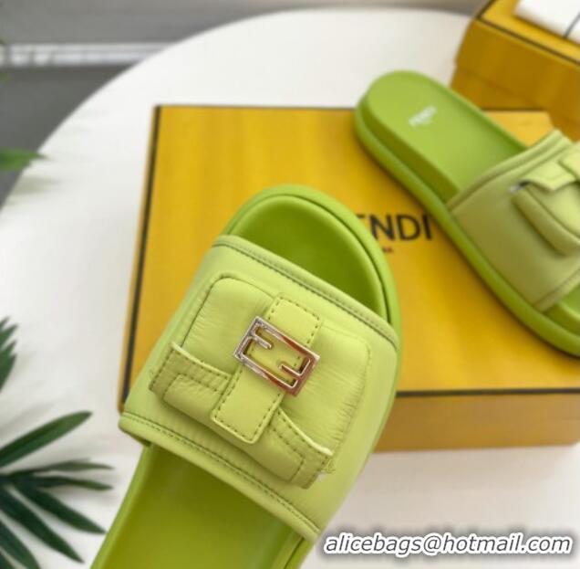 New Design Fendi Baguette Pouch Fabric Flat Slide Sandals Lime Green 703126