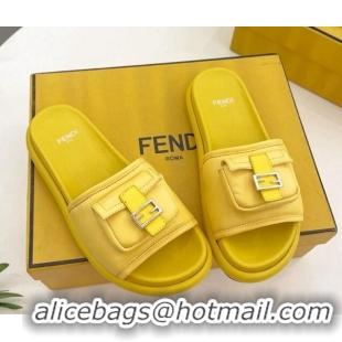 Lower Price Fendi Baguette Pouch Fabric Flat Slide Sandals Yellow 703127