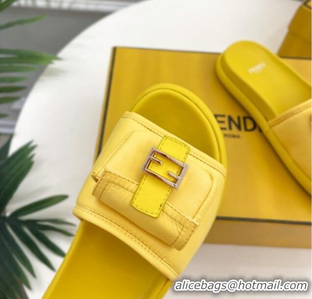 Lower Price Fendi Baguette Pouch Fabric Flat Slide Sandals Yellow 703127