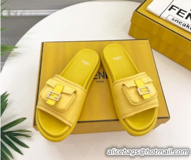 Lower Price Fendi Baguette Pouch Fabric Flat Slide Sandals Yellow 703127