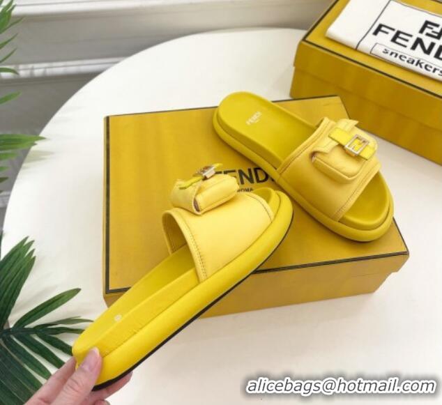 Lower Price Fendi Baguette Pouch Fabric Flat Slide Sandals Yellow 703127