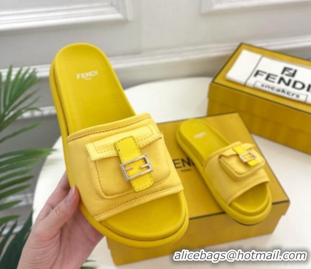 Lower Price Fendi Baguette Pouch Fabric Flat Slide Sandals Yellow 703127