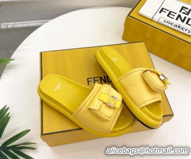 Lower Price Fendi Baguette Pouch Fabric Flat Slide Sandals Yellow 703127