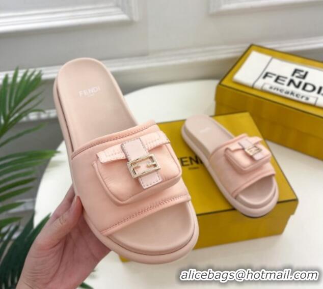 Good Product Fendi Baguette Pouch Fabric Flat Slide Sandals Light Pink 703128