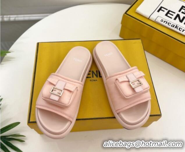 Good Product Fendi Baguette Pouch Fabric Flat Slide Sandals Light Pink 703128