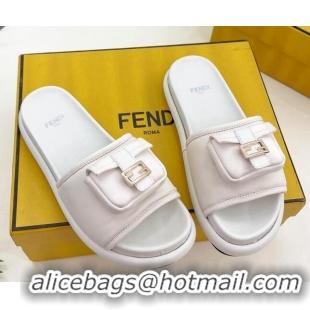 Promotional Fendi Baguette Pouch Fabric Flat Slide Sandals White 703129