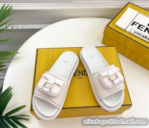 Promotional Fendi Baguette Pouch Fabric Flat Slide Sandals White 703129