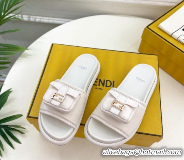 Promotional Fendi Baguette Pouch Fabric Flat Slide Sandals White 703129