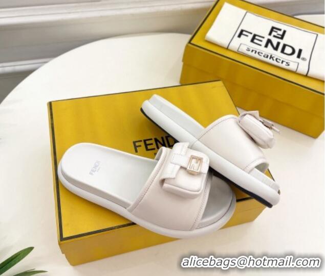 Promotional Fendi Baguette Pouch Fabric Flat Slide Sandals White 703129