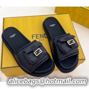 Elegant Fendi Baguette Pouch Fabric Flat Slide Sandals Black 703130