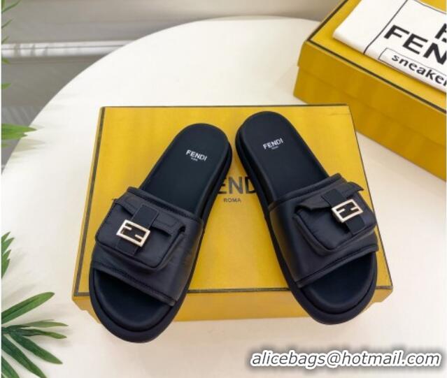 Elegant Fendi Baguette Pouch Fabric Flat Slide Sandals Black 703130