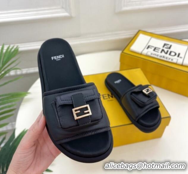 Elegant Fendi Baguette Pouch Fabric Flat Slide Sandals Black 703130